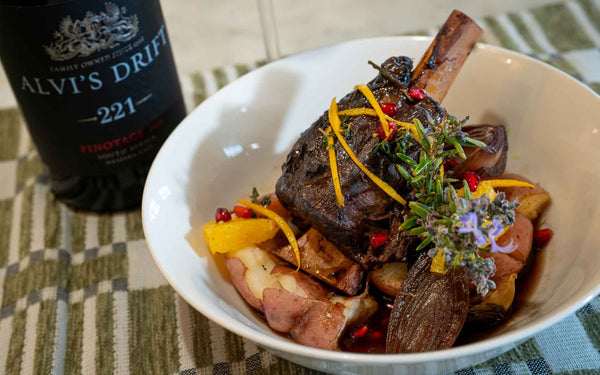 Slow-braised Springbok shanks with Alvi’s Drift 221 Pinotage