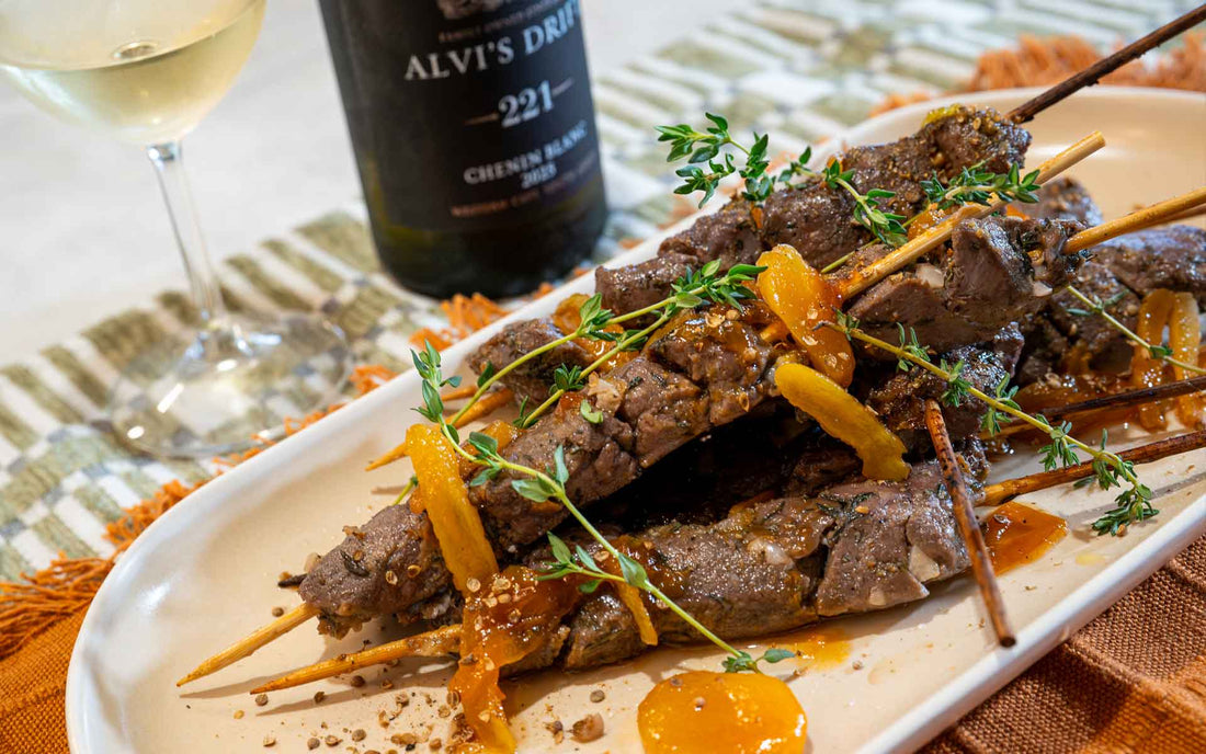 Springbok skewers with apricot marinade and Alvi’s Drift 221 Chenin Blanc