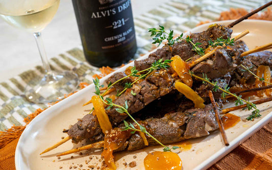 Springbok skewers with apricot marinade and Alvi’s Drift 221 Chenin Blanc
